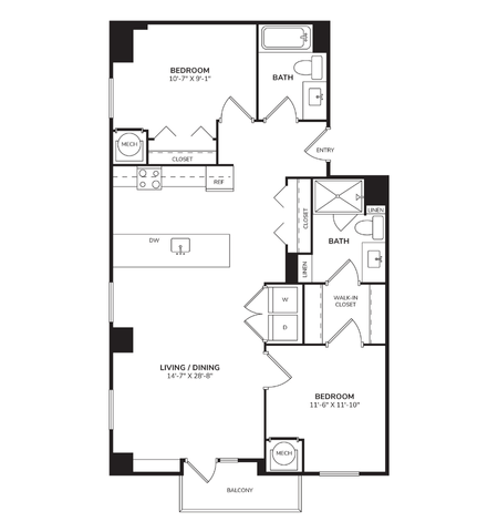 Floor plan for 2 beds, 2 baths, 1159 sqft